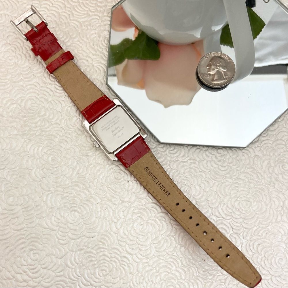 Sterling Signatures 925 Silver Tank Style Watch Mother of Pearl Dial Red Leather - Picture 10 of 16